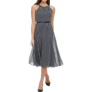 Tommy Hilfiger Navy Polka Dot Midi Dress Halter Sleeveless Round Neck Size 14